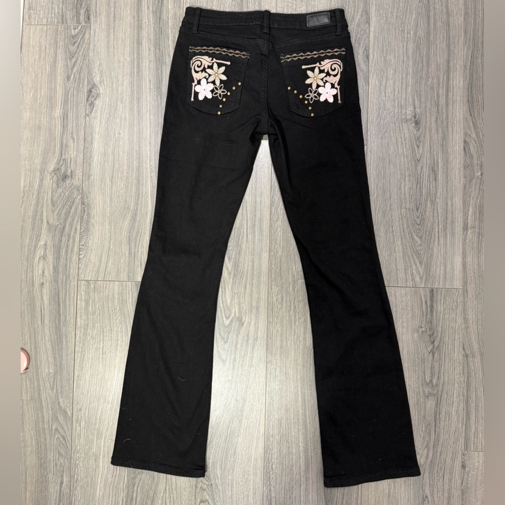 Y2K K&K California embroidered floral low-rise black flare jeans 5/6 Junior